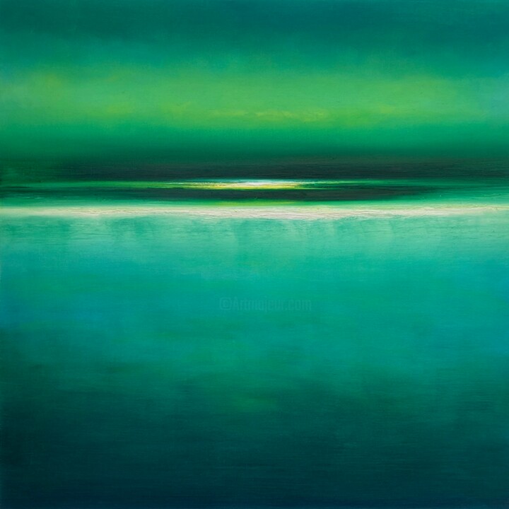 Painting titled "High Tide and Green" by Julia Everett, Original Artwork, Oil Mounted on Wood Stretcher frame