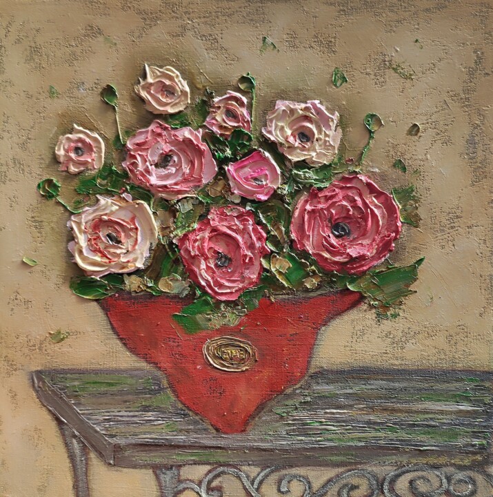 Malarstwo zatytułowany „Pink roses 3d paint…” autorstwa Julia Ozerova, Oryginalna praca, Olej