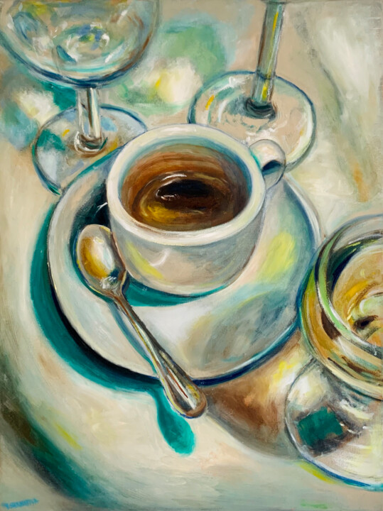 Painting titled "Late-night coffee" by Julia Shanaytsa, Original Artwork, Oil Mounted on Wood Stretcher frame