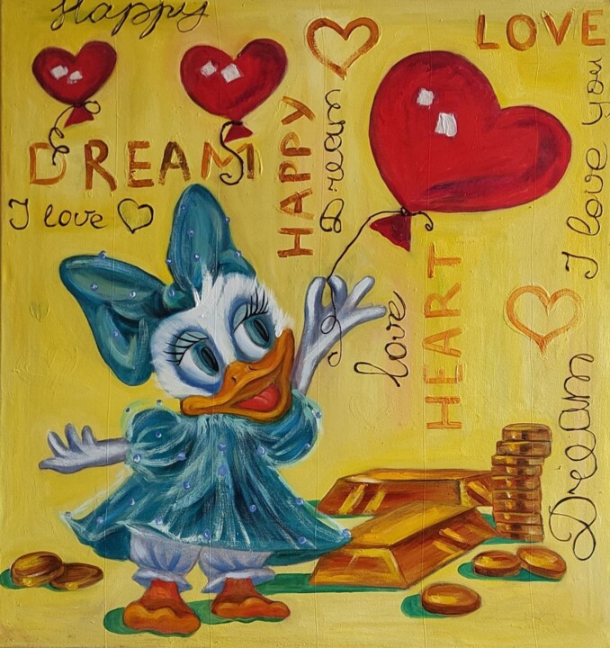 View in room Artwork: Original Happy Ducky with balloon Hearts and Gold