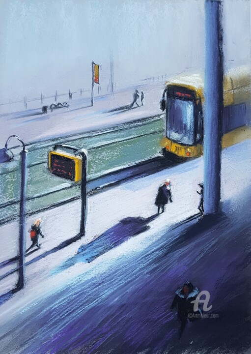 Painting titled "At the tram stop" by Julia Suptel, Original Artwork, Pastel