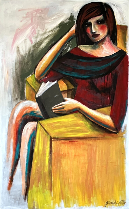Картина под названием "La liseuse" - Julie Vandeputte, Подлинное произведение искусства, Масло Установлен на Деревянная рама…