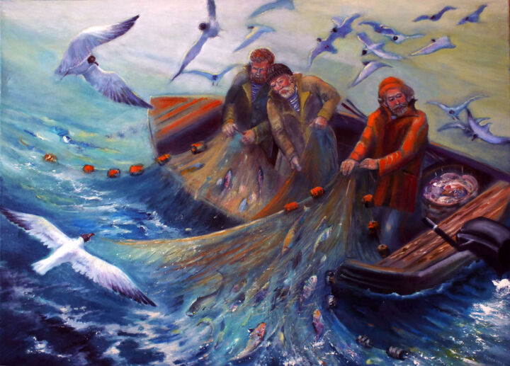 Painting titled "The fishing in The…" by Julija Demenkova, Original Artwork, Oil
