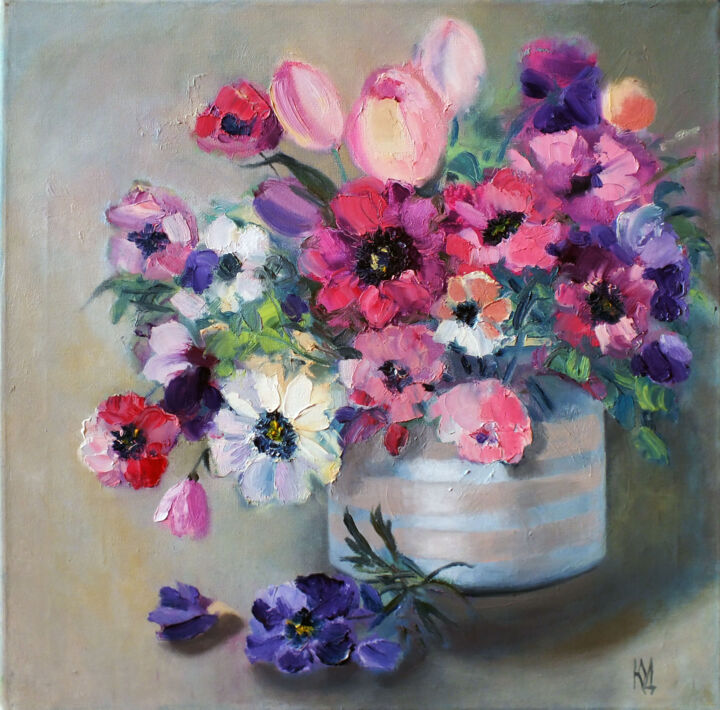 Painting titled "The flowers in the…" by Julija Demenkova, Original Artwork, Oil