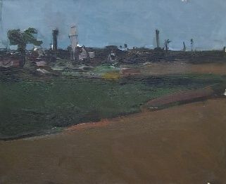 Painting titled "Landscape of village" by Julius Jokubonis, Original Artwork