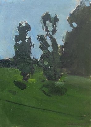 Painting titled "Yard moods. Birchs" by Julius Jokubonis, Original Artwork