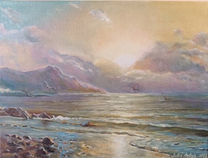Malerei mit dem Titel "Gentle sea sunset" von Julia Antsis, Original-Kunstwerk, Öl