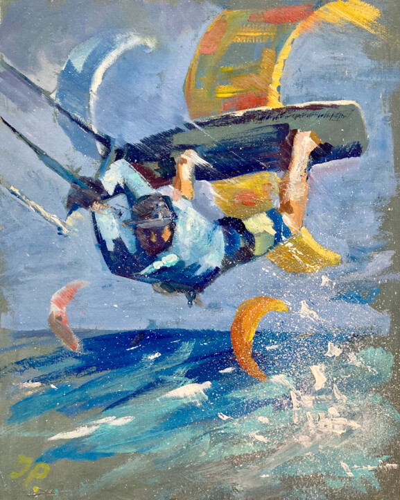 Malerei mit dem Titel "Kitesurfing" von July Kinart, Original-Kunstwerk, Öl
