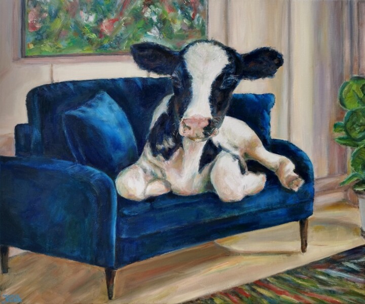 Ζωγραφική με τίτλο "Frisian Cow At Home" από Jura Kuba, Αυθεντικά έργα τέχνης, Λάδι Τοποθετήθηκε στο Ξύλινο φορείο σκελετό