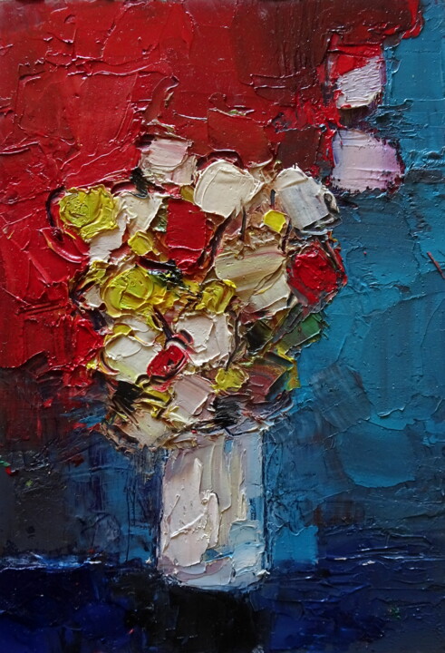 Schilderij getiteld "Petit bouquet" door Kam Bendi, Origineel Kunstwerk, Olie Gemonteerd op Karton