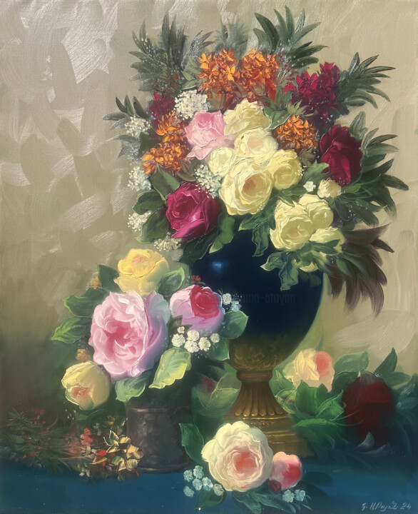 Peinture intitulée "Vase of Velveteen R…" par Kamo Atoyan, Œuvre d'art originale, Huile Monté sur Châssis en bois