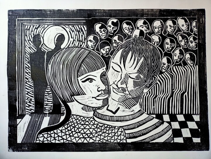 Printmaking titled "Young Lovers" by Karel Liefooghe, Original Artwork, Linocuts Mounted on Wood Panel