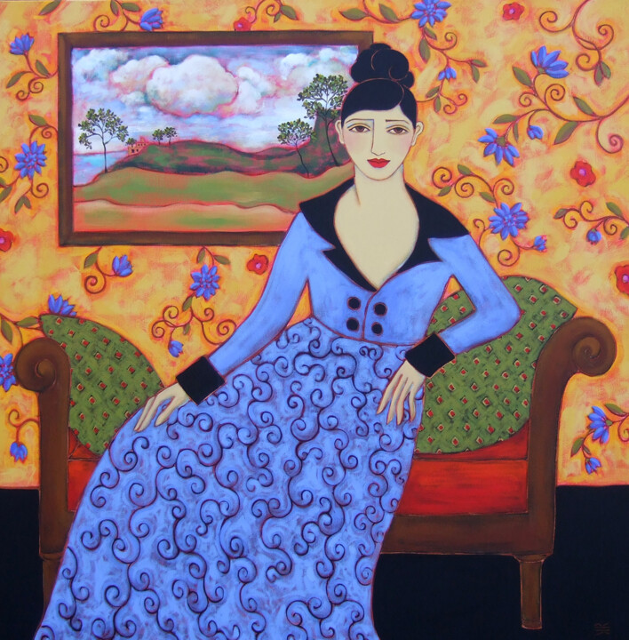 Pittura intitolato "Woman with Azure Go…" da Karen Rieger, Opera d'arte originale, Acrilico Montato su Telaio per barella in…