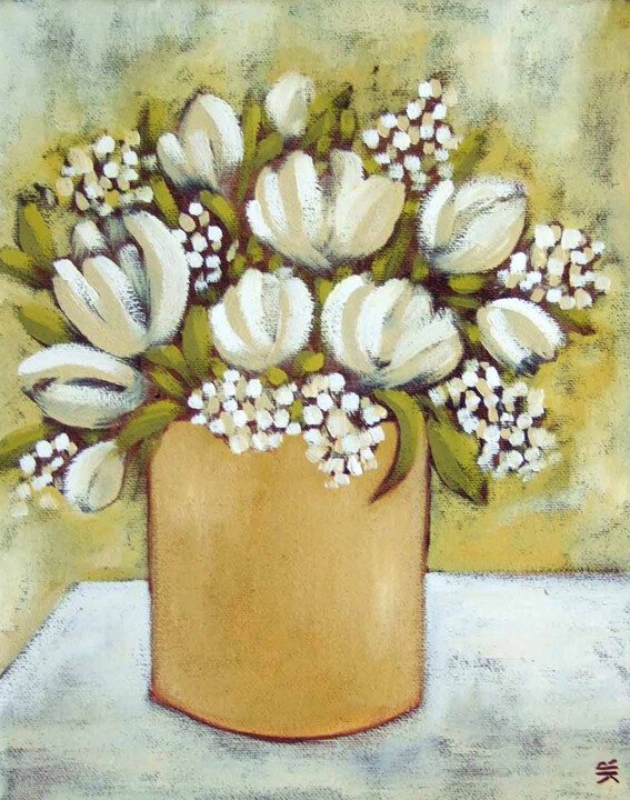 Pintura intitulada "White Tulips" por Karen Rieger, Obras de arte originais, Óleo Montado em Armação em madeira