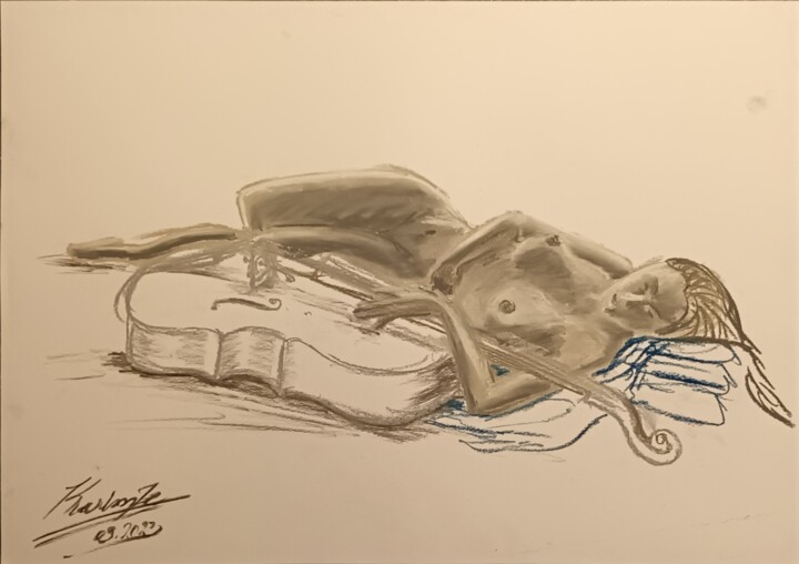 Rysunek zatytułowany „Cello Love” autorstwa Karim Jamal El Dine, Oryginalna praca, Pastel