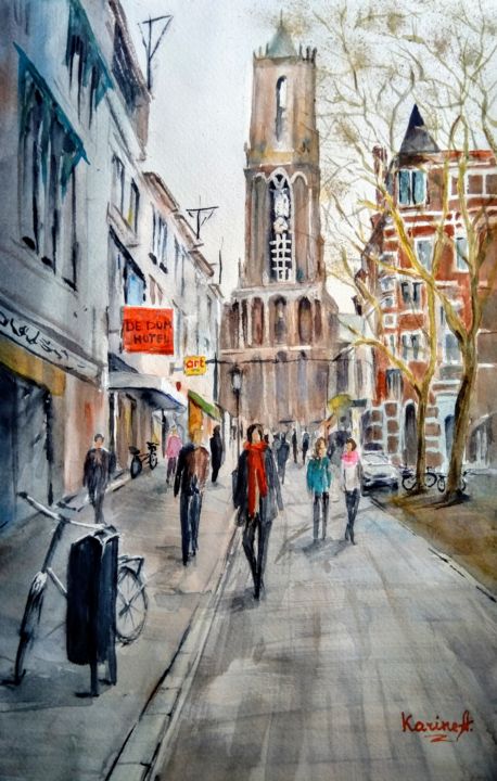 Peinture intitulée "Walking in Utrecht" par Karine Andriasyan, Œuvre d'art originale, Aquarelle