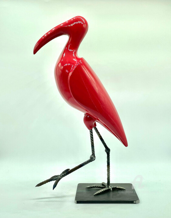 Sculpture intitulée "Ibis rouge" par Karine Verdier, Œuvre d'art originale, Bois