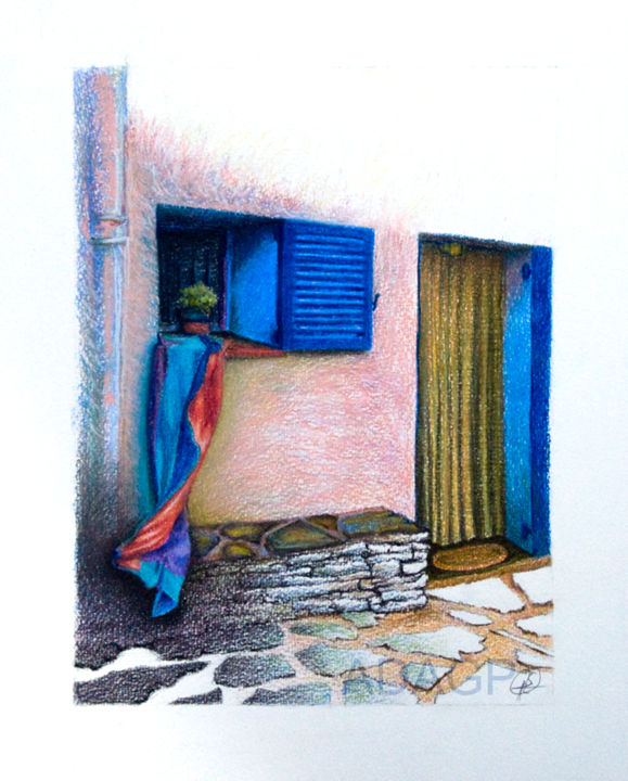 Dibujo titulada "Ruelle de Cadaques 2" por Karolus, Obra de arte original, Pastel Montado en Otro panel rígido