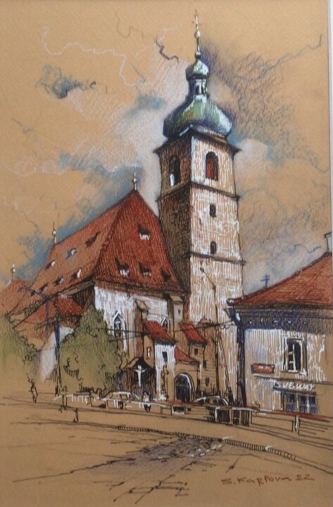 Disegno intitolato "Kostel sv. Jindřich…" da Svitlana Karpova, Opera d'arte originale, Matite colorate