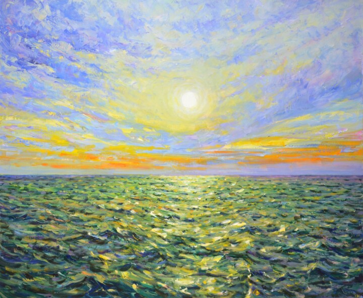 Painting titled "Dawn. Ocean." by Kasta, Original Artwork, Oil Mounted on Wood Stretcher frame
