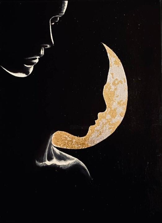 「Moon」というタイトルの絵画 Katalina Tattooによって, オリジナルのアートワーク, オイル ウッドストレッチャーフレームにマウント