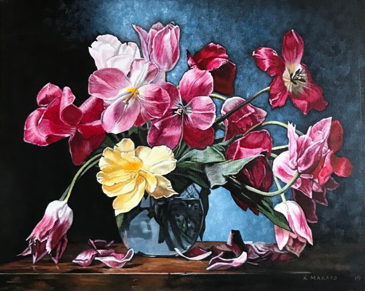 Pintura titulada "Tulipani notturno" por Kate Makaro, Obra de arte original, Acrílico Montado en Cartulina