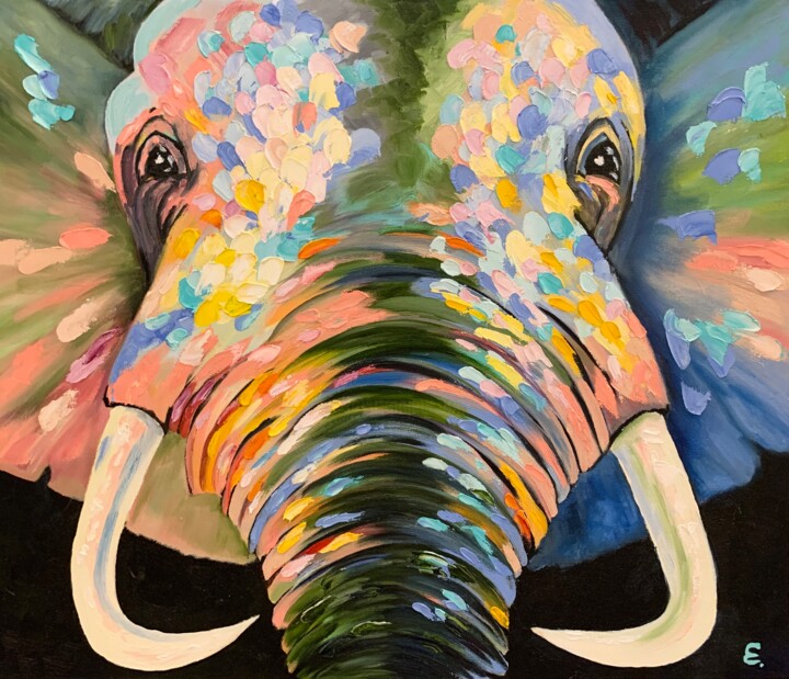 Painting titled "Happy elephant" by Katerina Komissarova, Original Artwork, Oil Mounted on Wood Stretcher frame