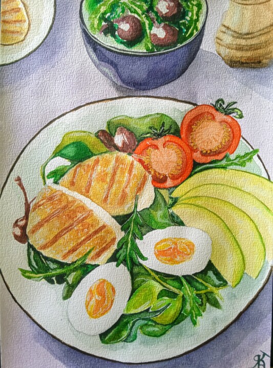 Pintura titulada "Полезный завтрак" por Kateryna Bakumenko, Obra de arte original, Acuarela