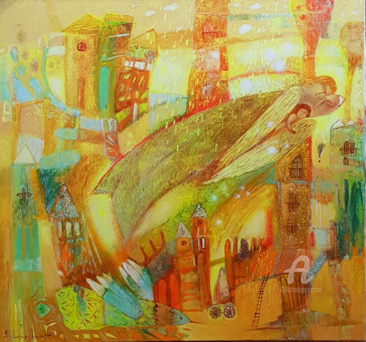 Pintura intitulada "Golden rain blessing" por Kateryna Lemesheva, Obras de arte originais, Acrílico