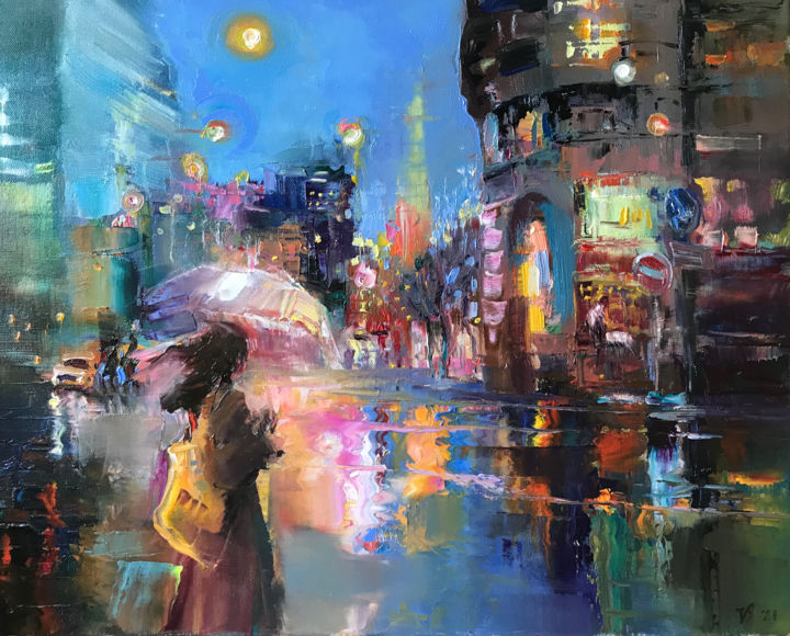 Painting titled "Regen auf der Stadt…" by Katharina Valeeva, Original Artwork, Oil