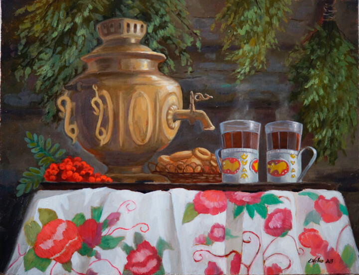 Painting titled "Samovar" by Katia Zhevno, Original Artwork, Oil Mounted on Wood Stretcher frame