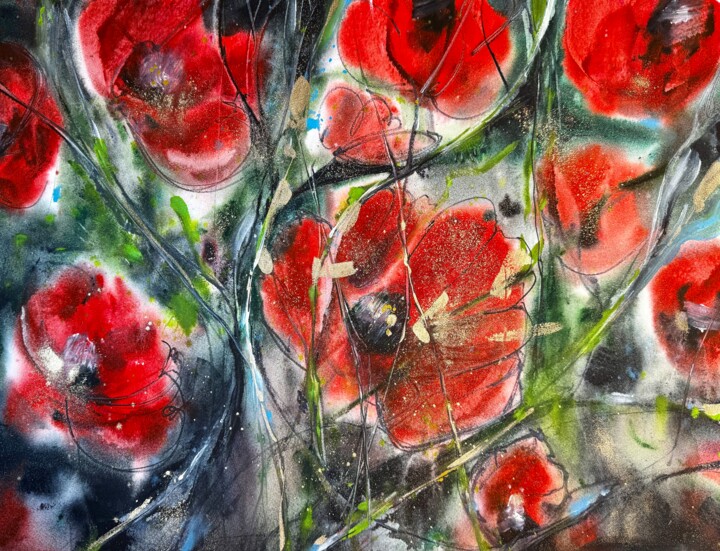 Peinture intitulée "Poppies 2" par Katja Vollmer, Œuvre d'art originale, Aquarelle