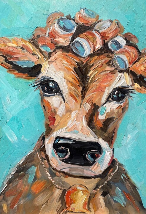 Картина под названием "cow in curlers" - Katrin Gergert, Подлинное произведение искусства, Масло