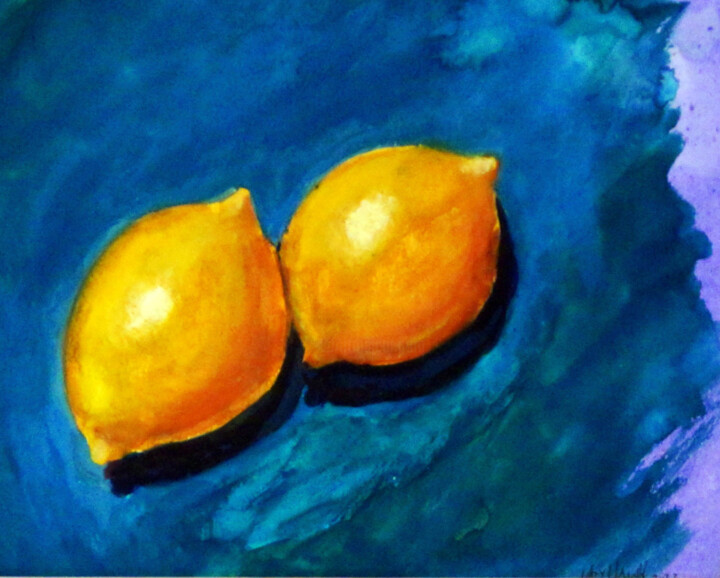 Malarstwo zatytułowany „Lemons on Turquoise” autorstwa Katy Hawk, Oryginalna praca, Akwarela