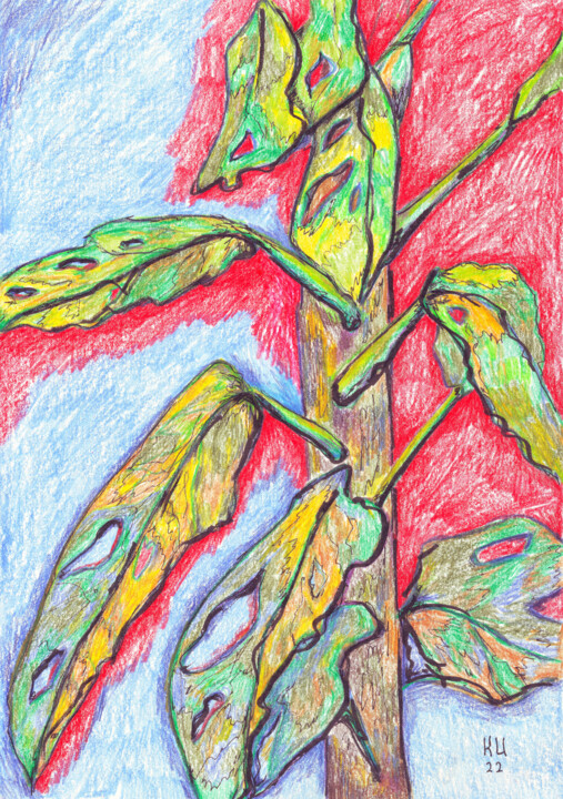 Desenho intitulada "Leaves on a red bac…" por Katy Ivoylova, Obras de arte originais, Conté