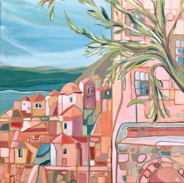 Painting titled "Monemvasia" by Kelly Allison, Original Artwork, Acrylic Mounted on Wood Stretcher frame