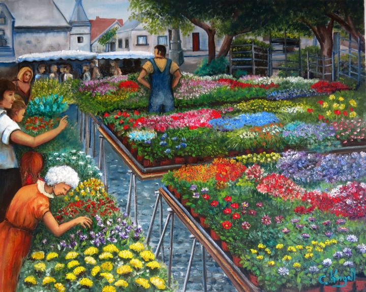 Peinture intitulée "Marché aux fleurs" par Carolina Kergall, Œuvre d'art originale
