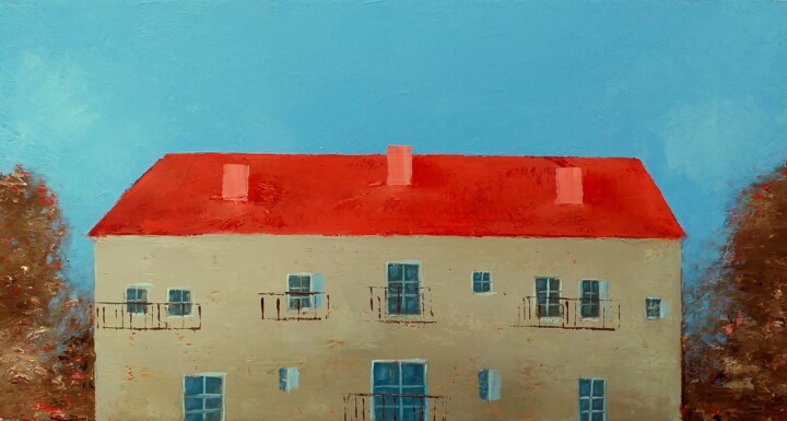 Painting titled "House With Differen…" by Kestutis Jauniskis, Original Artwork, Oil