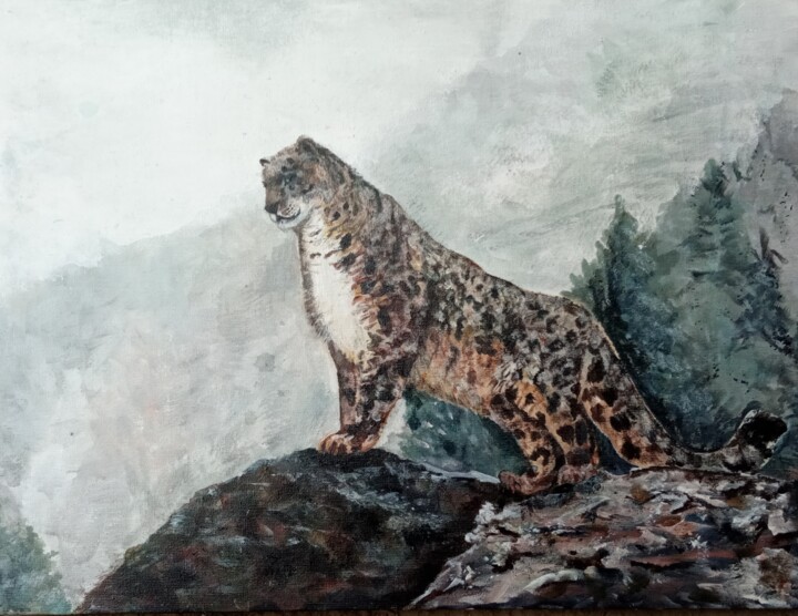 Painting titled "Snow Leopard" by Ket Stanchik, Original Artwork, Acrylic Mounted on Wood Panel