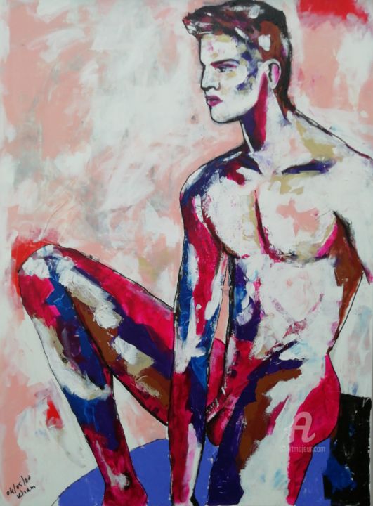 Painting titled "Homme assis" by Kham H, Original Artwork, Acrylic