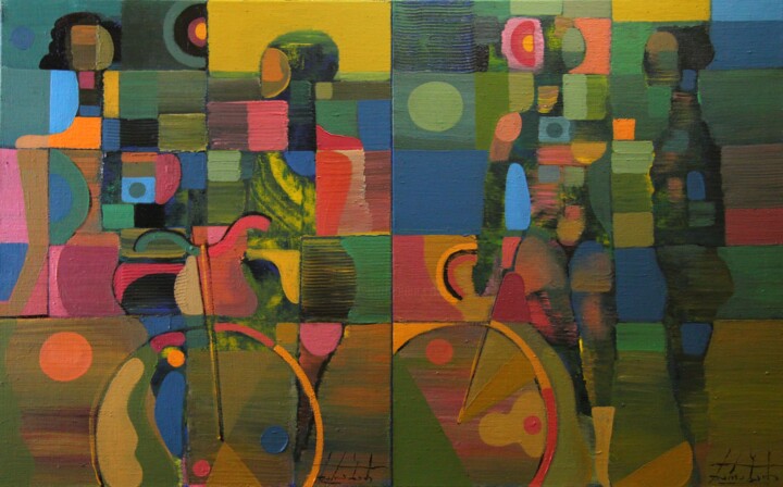 Painting titled "Cyclists. Diptych" by Zaza Kharabadze, Original Artwork, Oil Mounted on Wood Stretcher frame