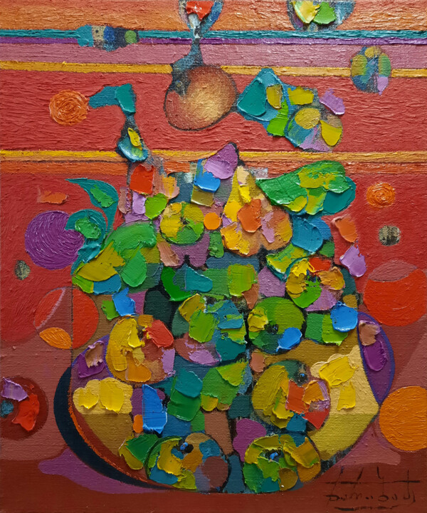 Painting titled "Fruits" by Zaza Kharabadze, Original Artwork, Oil Mounted on Wood Stretcher frame