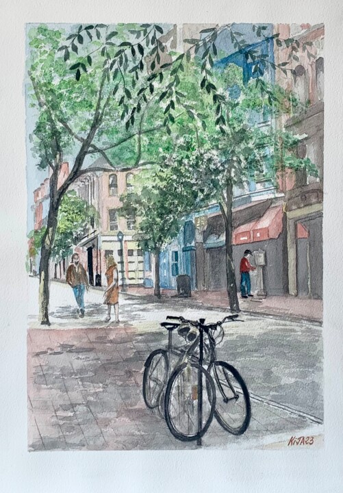 Painting titled "Les vélos de Portla…" by Kija, Original Artwork, Watercolor