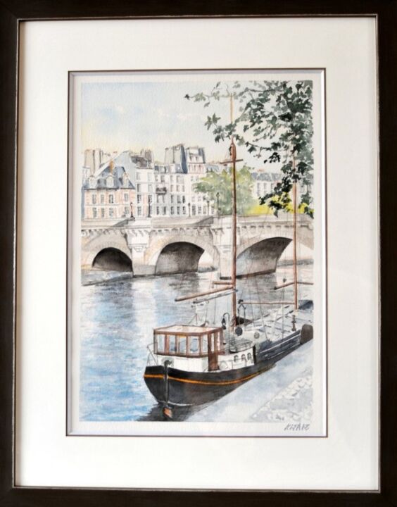 Painting titled "le bâteau du Pont N…" by Kija, Original Artwork, Watercolor