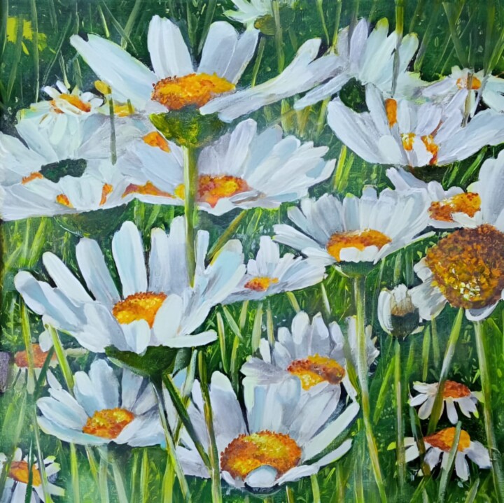 Painting titled "Chamomile field" by Kirill Shevchenko, Original Artwork, Acrylic Mounted on Wood Stretcher frame