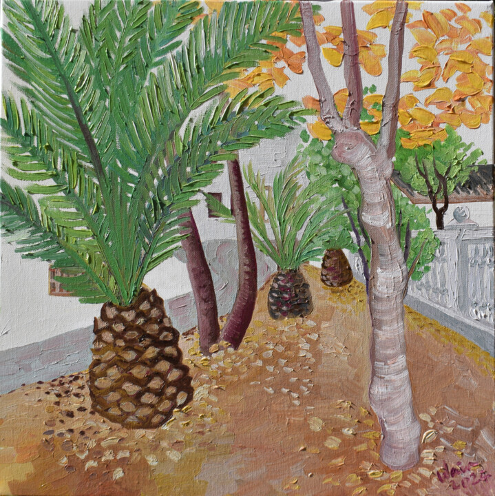 Peinture intitulée "Palms in Calpe" par Kirsty Wain, Œuvre d'art originale, Huile Monté sur Châssis en bois