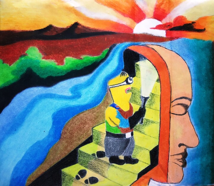 Dibujo titulada "Happier Me" por Kishore Bishoi, Obra de arte original, Pastel