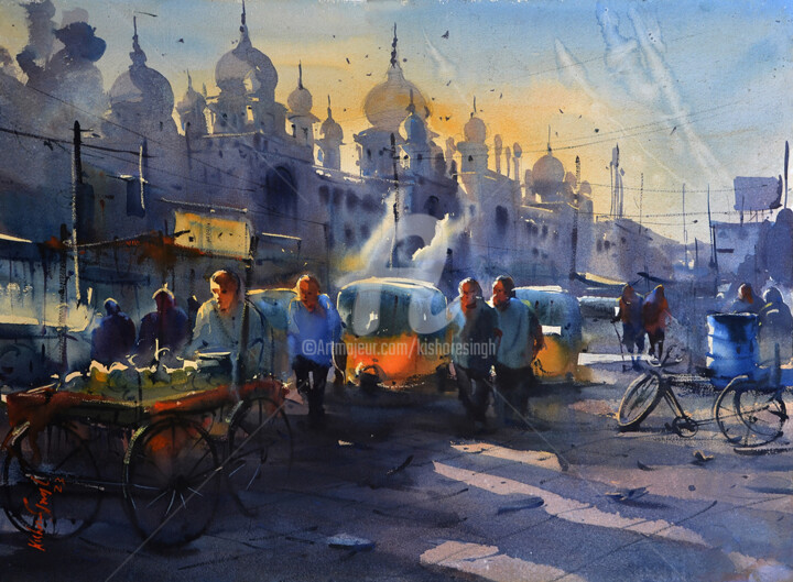 Painting titled "Early morning Old C…" by Kishore Singh, Original Artwork, Watercolor