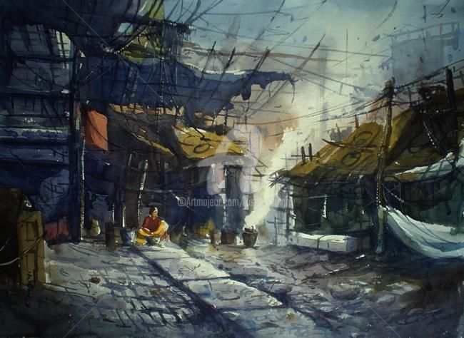 Peinture intitulée "Calcutta_slum" par Kishore Singh, Œuvre d'art originale