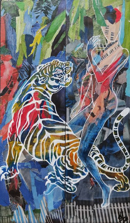 Collagen mit dem Titel ""Enfourchez le tigr…" von Karine Krynicki, Original-Kunstwerk, Collagen
